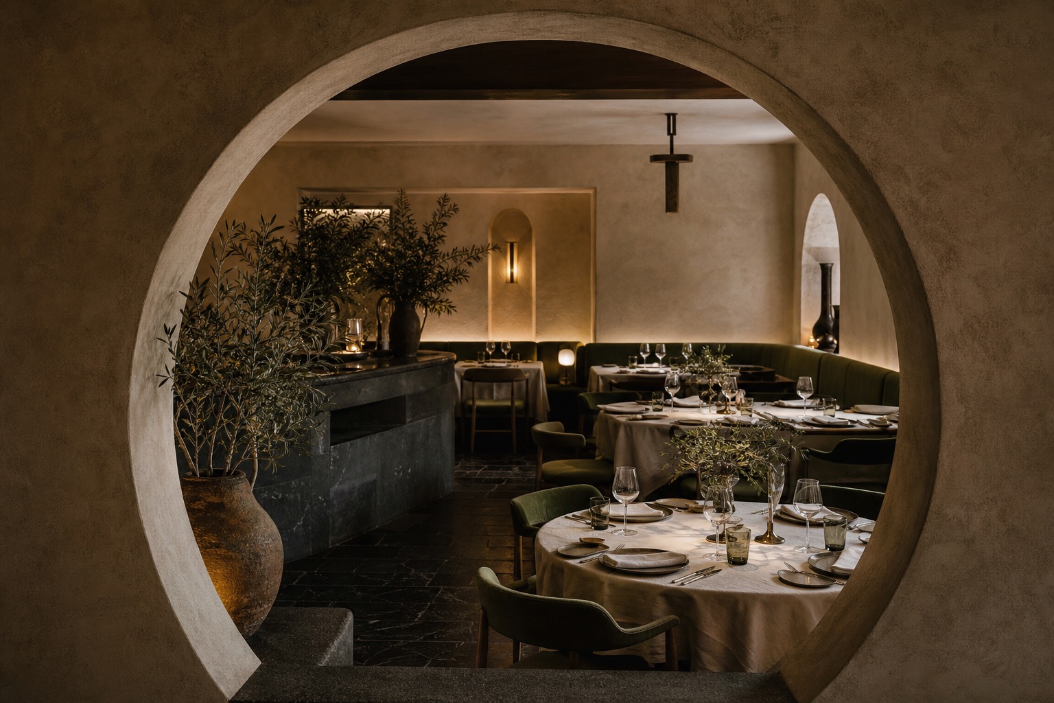 Nastrojowe wnętrze restauracji z okrągłym przejściem, oliwkowymi fotelami i stołami przygotowanymi do kolacji